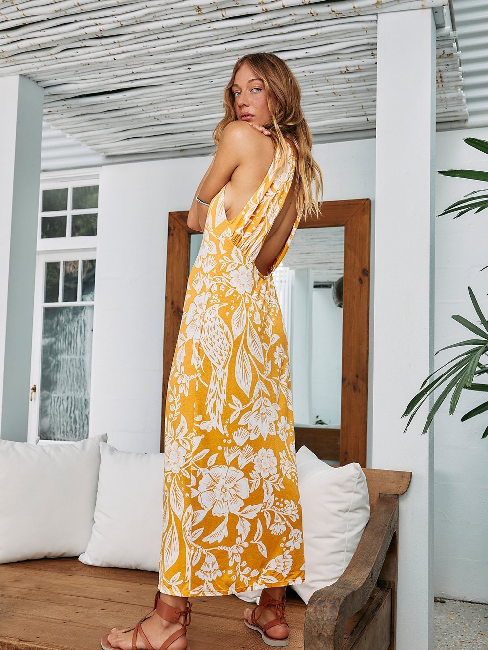 Free People Time to Shine Yellow Floral Maxi Dress Open Back Size Small